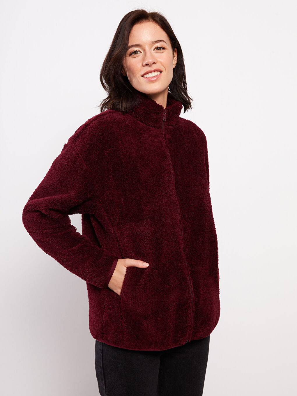 Bordo Dik Yaka Düz Uzun Kollu Polar Kadın Spor Hırka-2
