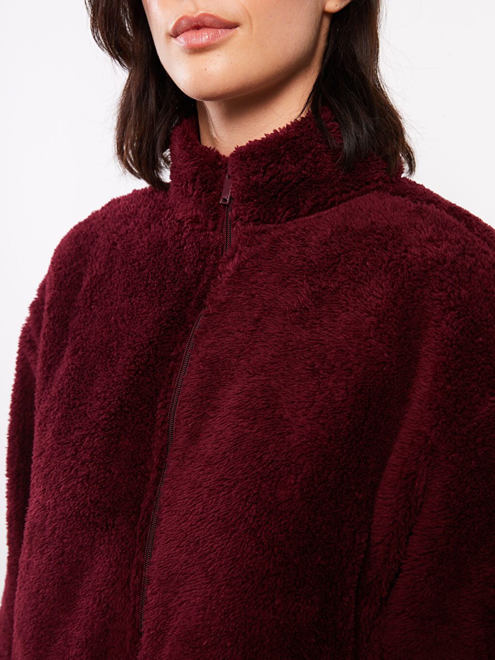 Bordo Dik Yaka Düz Uzun Kollu Polar Kadın Spor Hırka-3