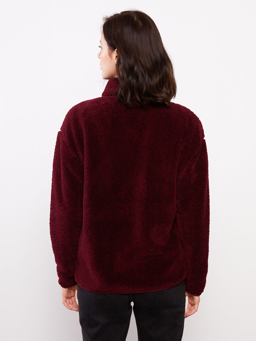 Bordo Dik Yaka Düz Uzun Kollu Polar Kadın Spor Hırka-4