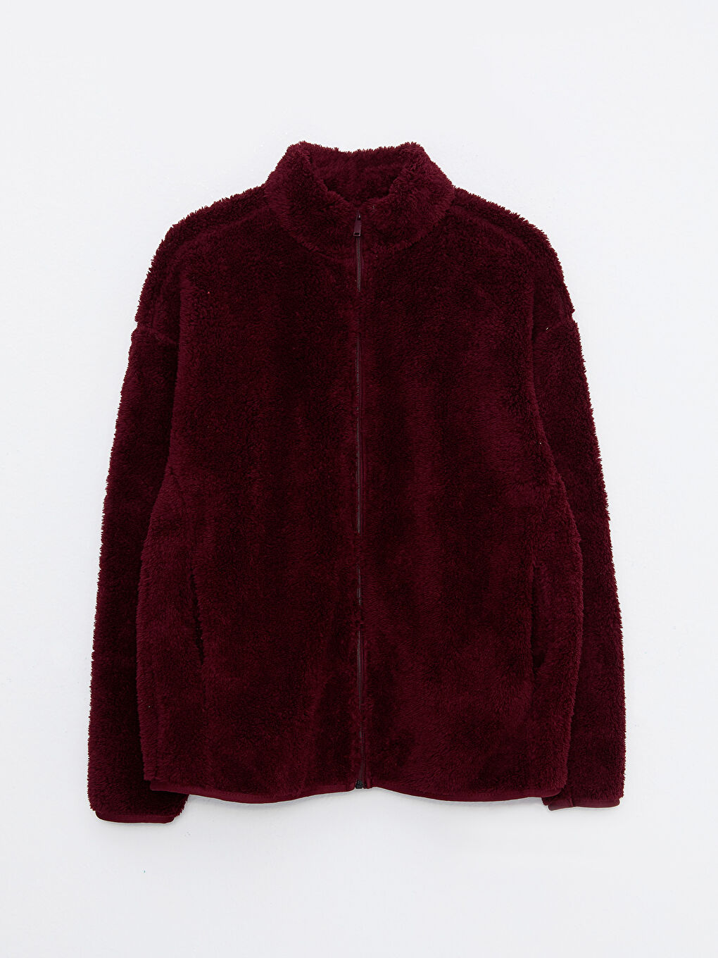 Bordo Dik Yaka Düz Uzun Kollu Polar Kadın Spor Hırka-5