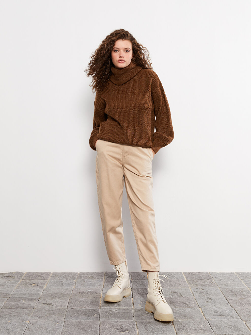 Bej Yüksek Bel Slouchy Kadın Jean Pantolon