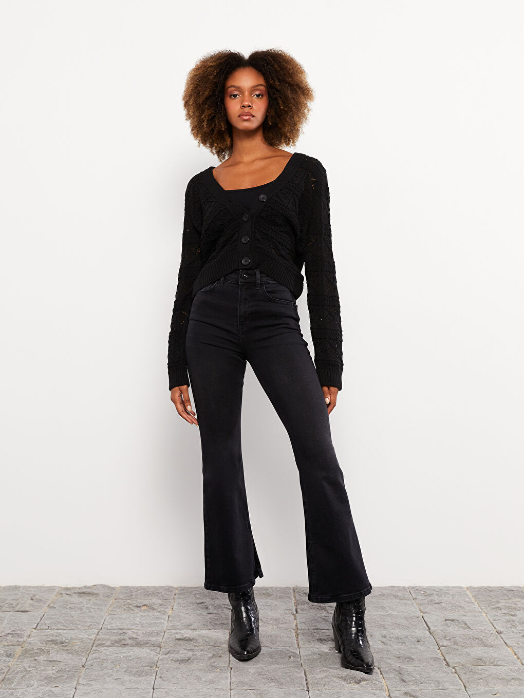 Siyah Yüksek Bel Mars Flare Kadın Jean Pantolon-1