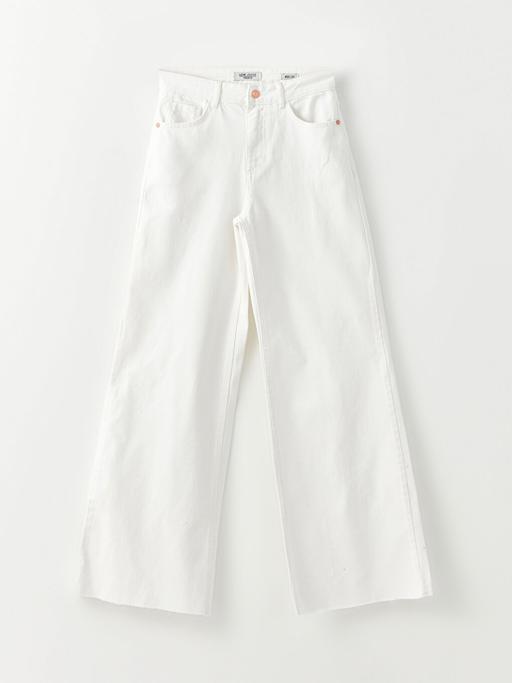 Beyaz Kadın Yüksek Bel Wideleg Düz Jean Pantolon-5