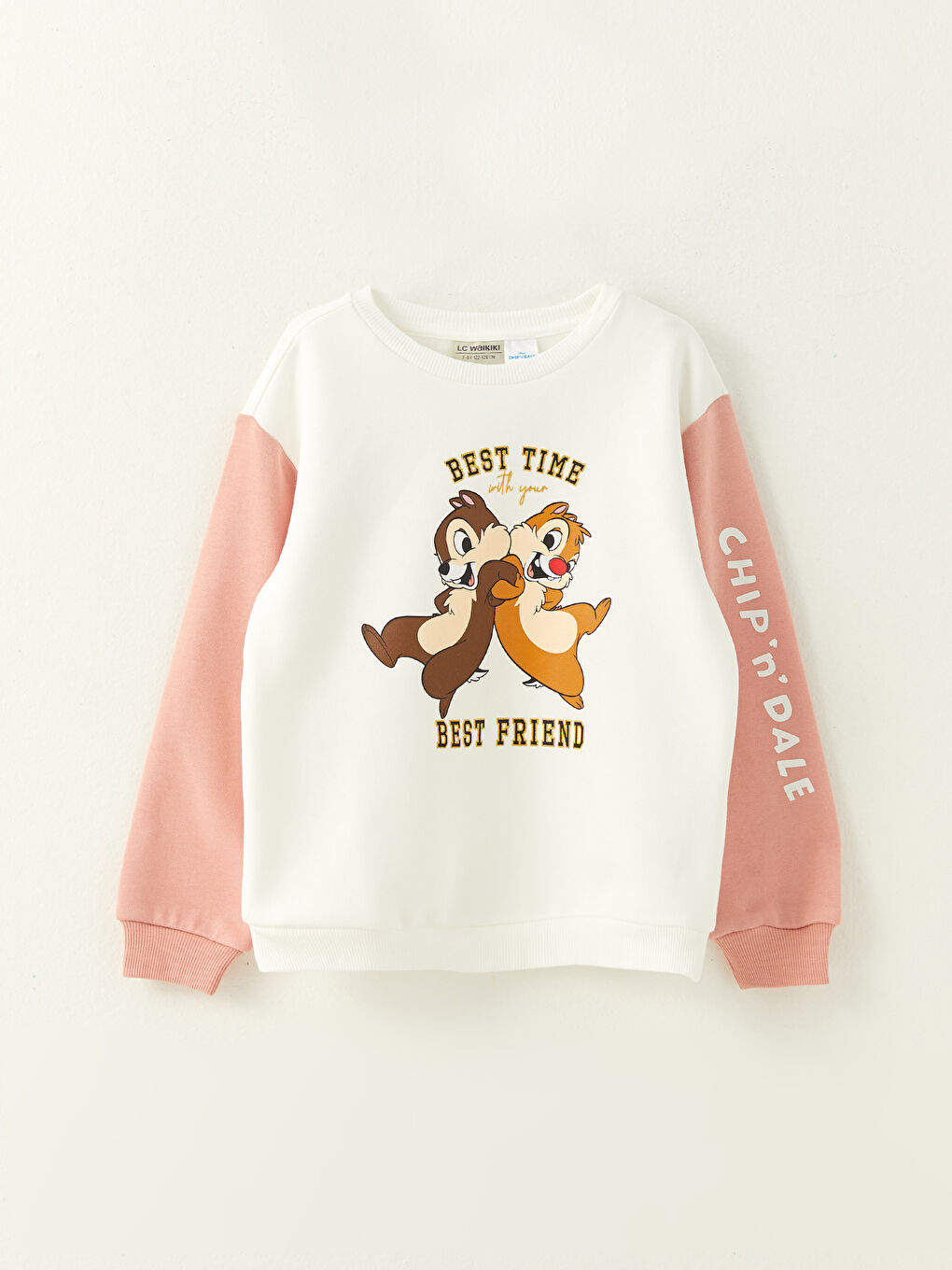 LCW Kids Ekru Bisiklet Yaka Chip'n Dale Baskılı Uzun Kollu Kız Çocuk Sweatshirt