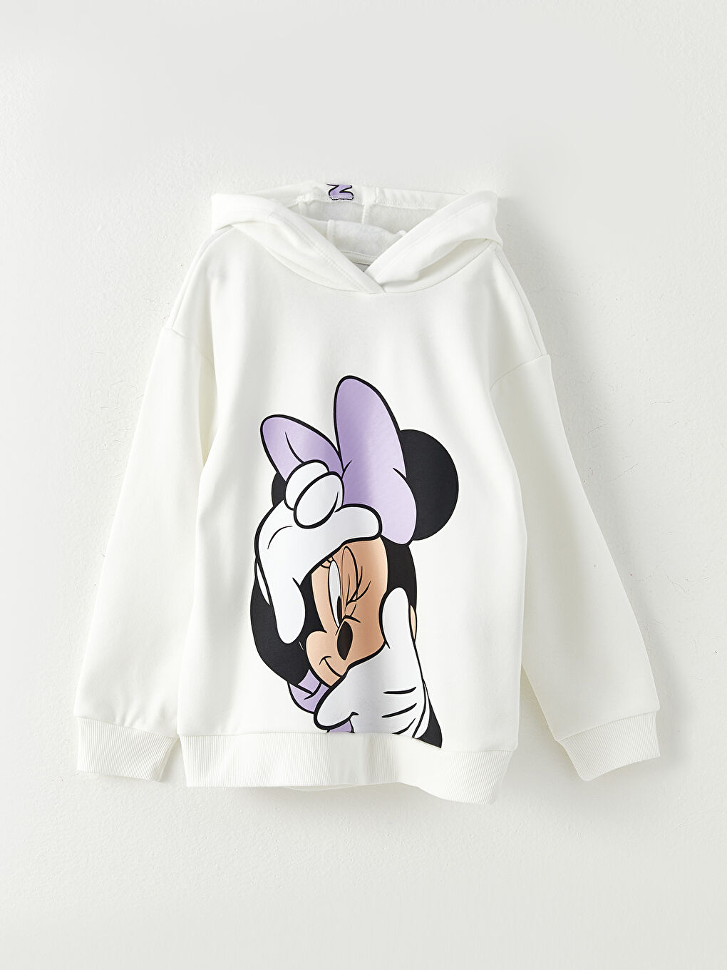 Ekru Kapüşonlu Minnie Mouse Baskılı Uzun Kollu Kız Çocuk Sweatshirt