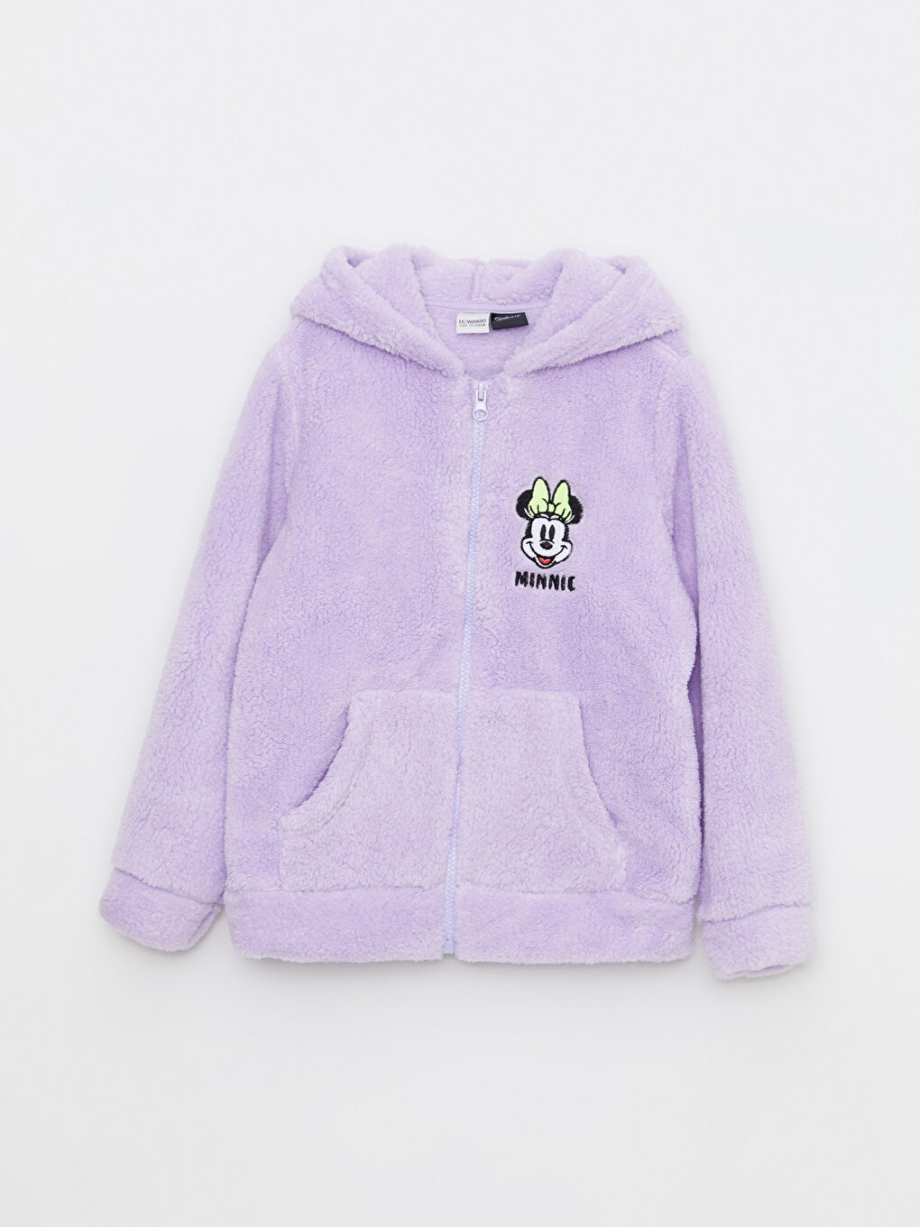 Lila Kapüşonlu Minnie Mouse Nakışlı Uzun Kollu Pelüş Kız Çocuk Fermuarlı Hırka