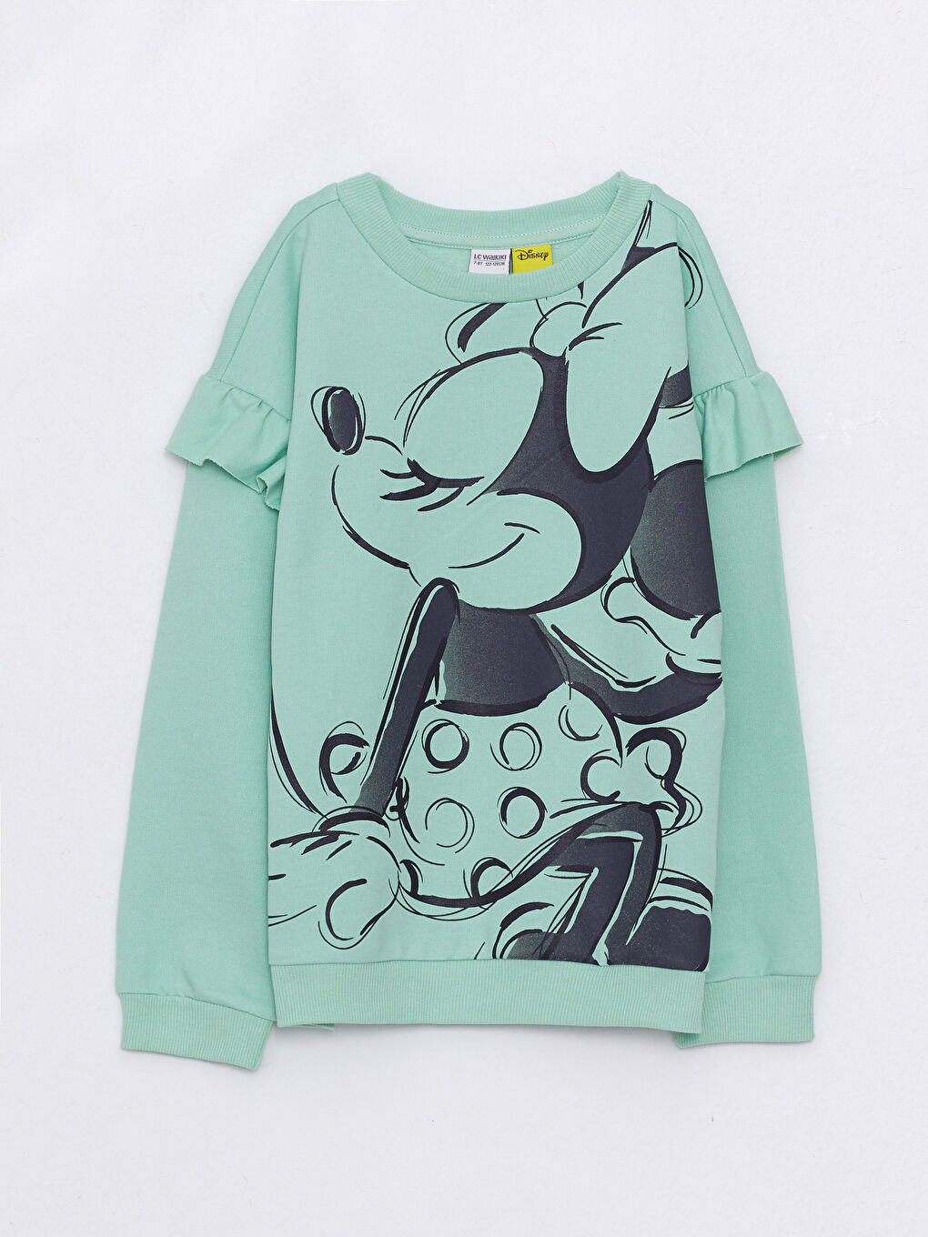 LCW Kids Mat Yeşil Bisiklet Yaka Minnie Mouse Baskılı Uzun Kollu Kız Çocuk Sweatshirt