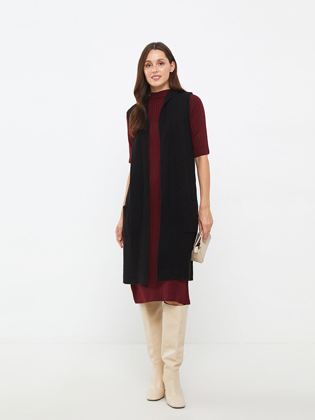 Women's Hooded Plain Knitwear Vest -W27373Z8-CVL