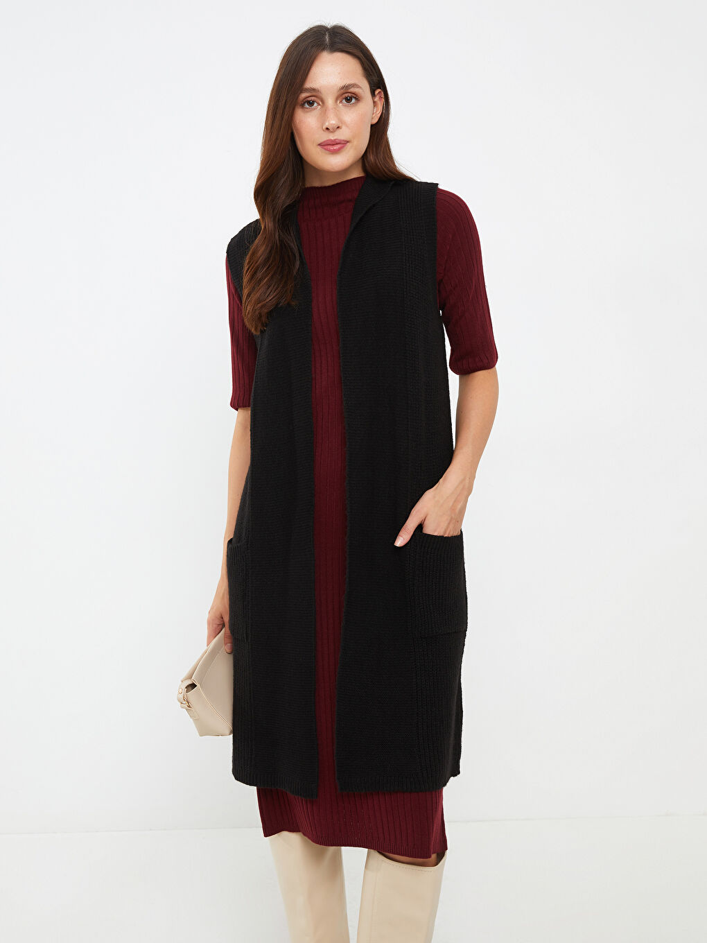 Women's Hooded Plain Knitwear Vest -W27373Z8-CVL
