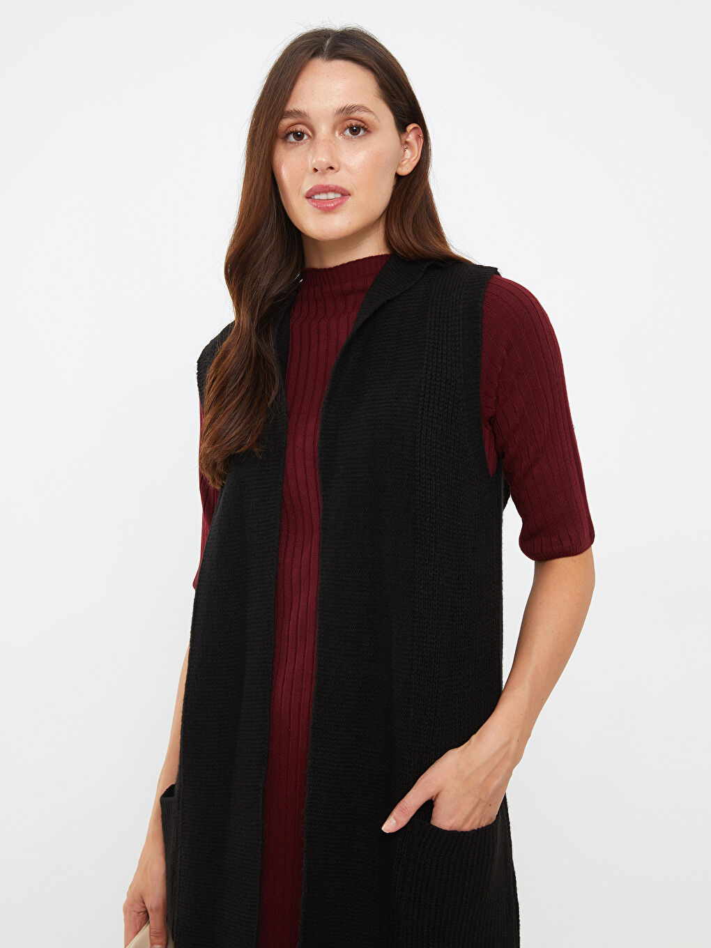 Women's Hooded Plain Knitwear Vest -W27373Z8-CVL