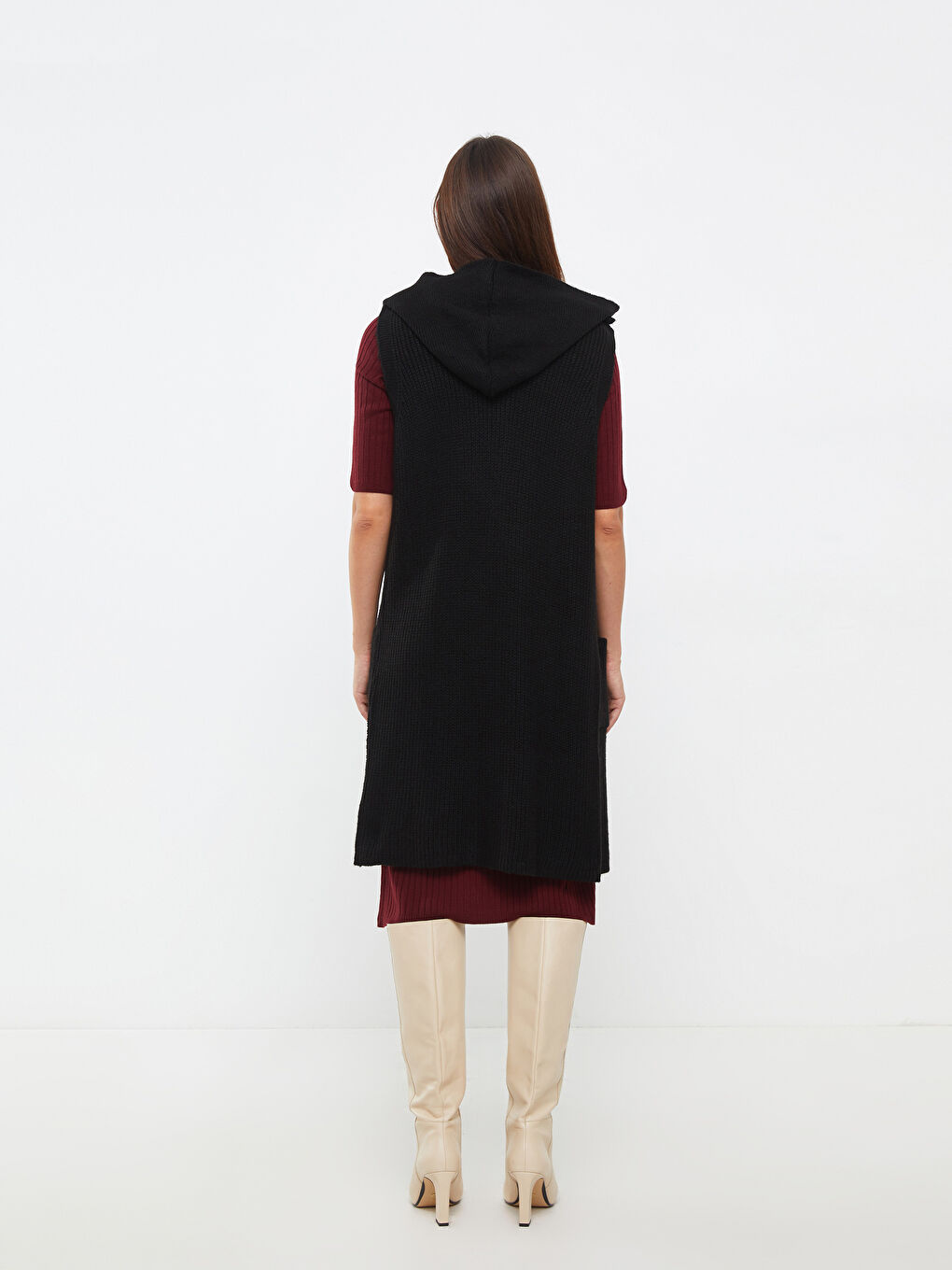 Women's Hooded Plain Knitwear Vest -W27373Z8-CVL