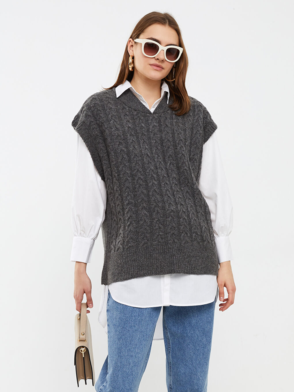 Antrasit Kolej Yaka Kendinden Desenli Kadın Triko Süveter-1