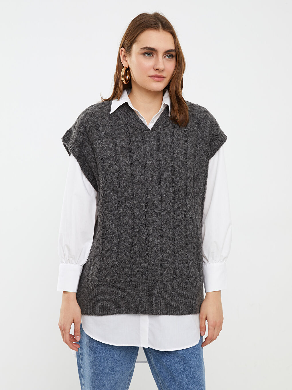 Antrasit Kolej Yaka Kendinden Desenli Kadın Triko Süveter-2