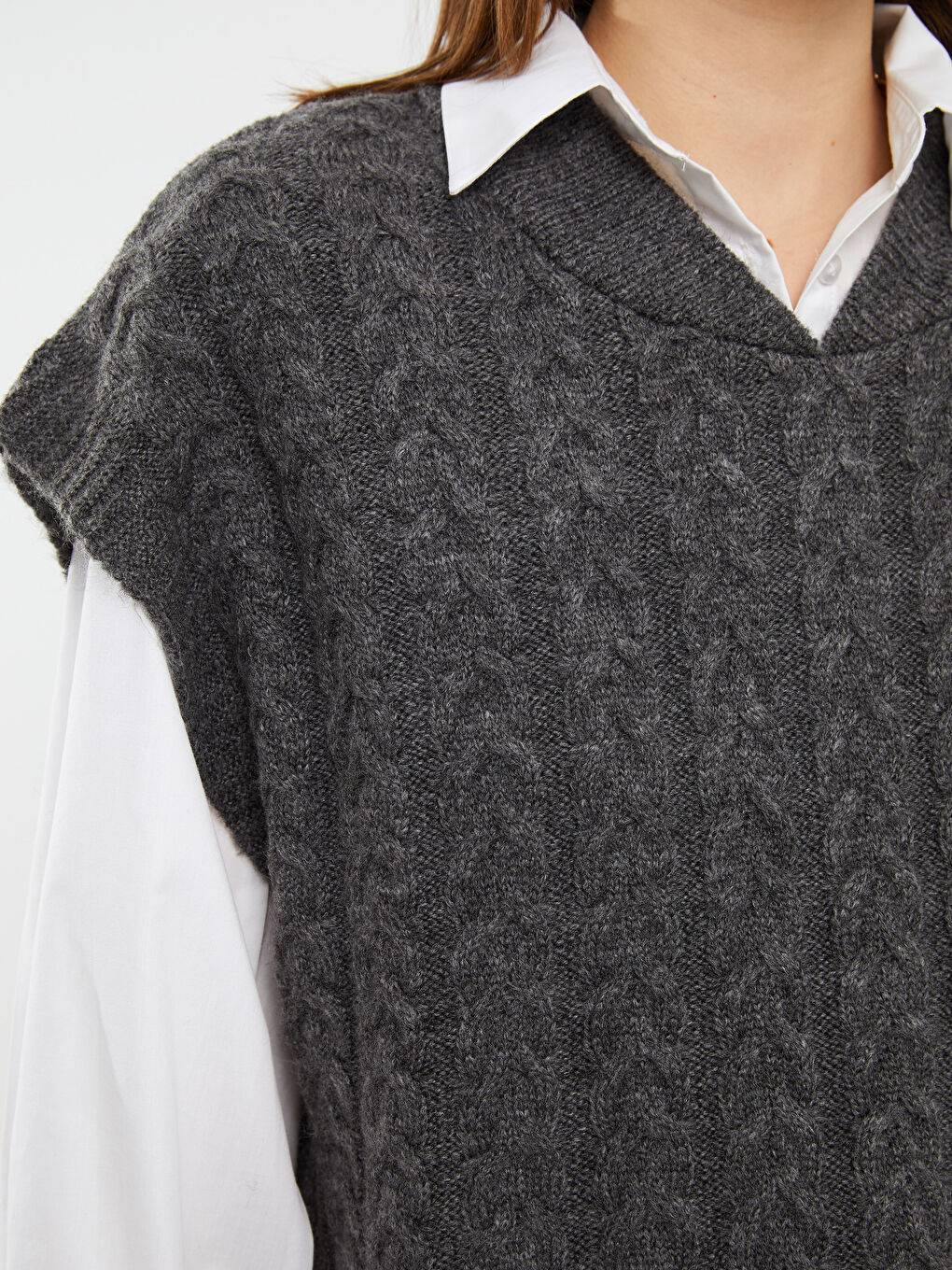 Antrasit Kolej Yaka Kendinden Desenli Kadın Triko Süveter-3