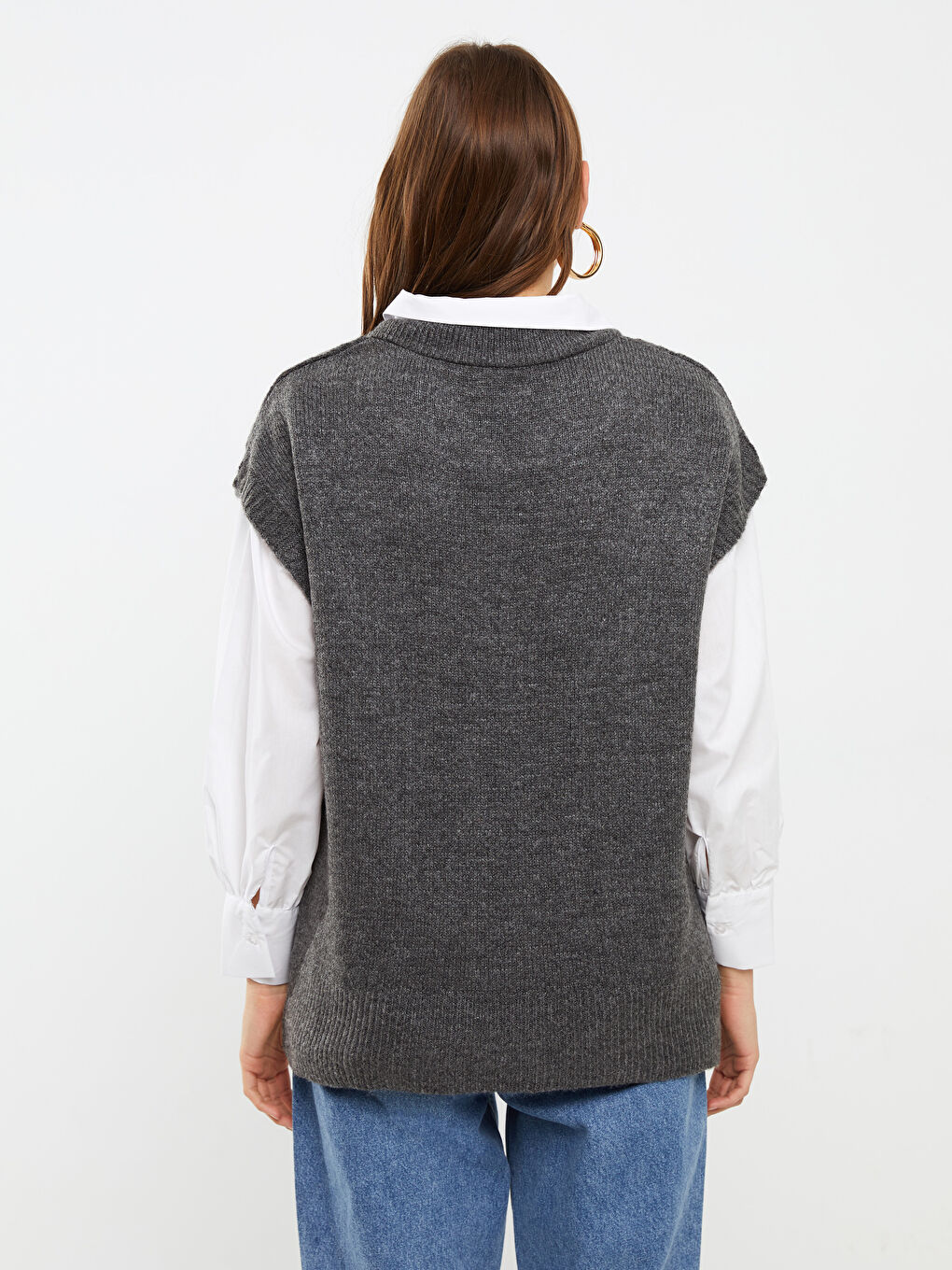 Antrasit Kolej Yaka Kendinden Desenli Kadın Triko Süveter-4