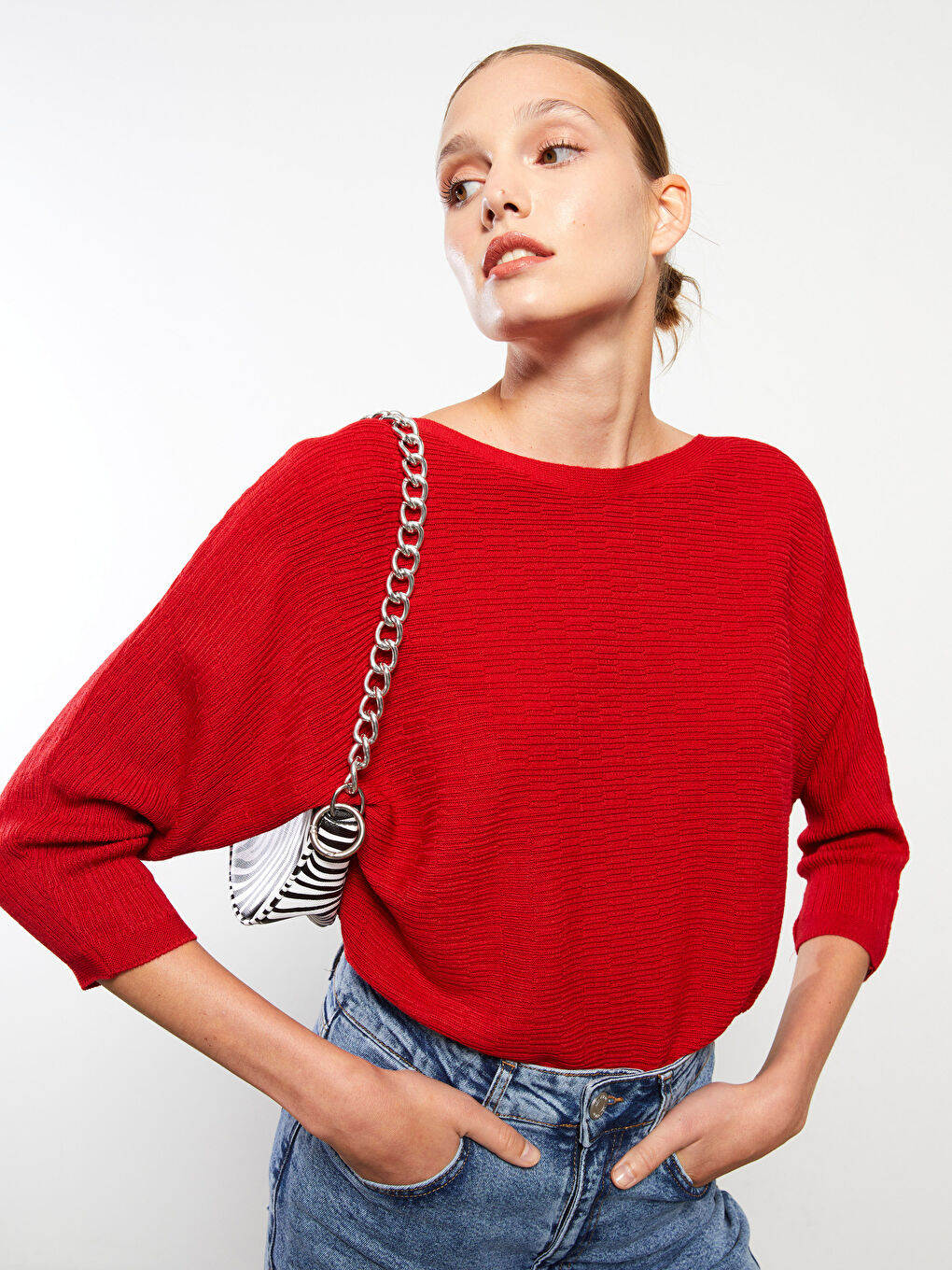 Kırmızı Kadın Kayık Yaka Düz Triko Kazak