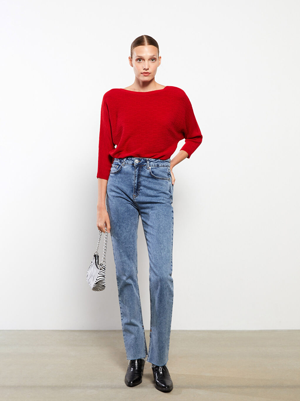 Kırmızı Kadın Kayık Yaka Düz Triko Kazak-2