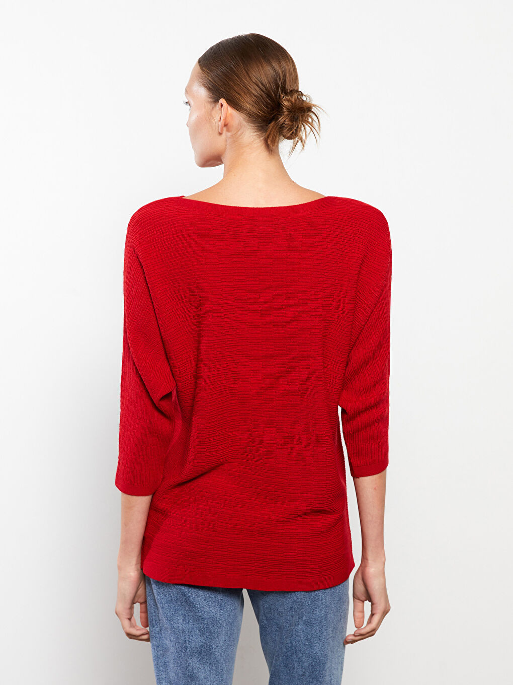 Kırmızı Kadın Kayık Yaka Düz Triko Kazak-4