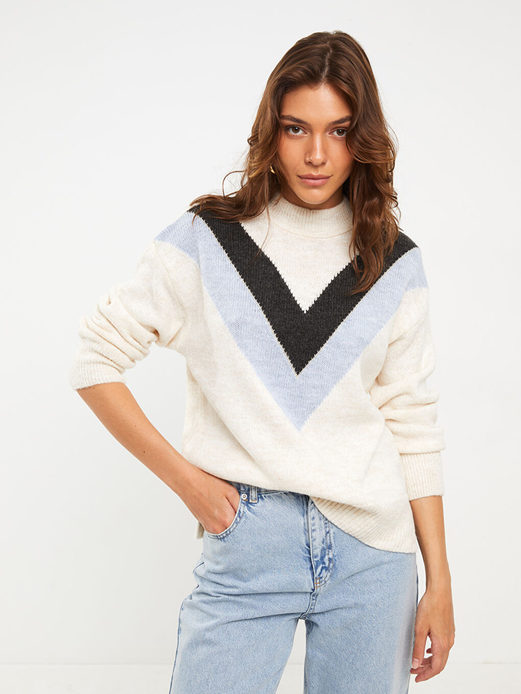 Pulover Tricotat cu Guler Înalt Fals, Cu Model, Mânecă Lungă, pentru Femei-2