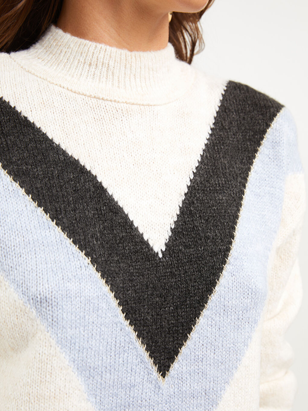 Pulover Tricotat cu Guler Înalt Fals, Cu Model, Mânecă Lungă, pentru Femei-4