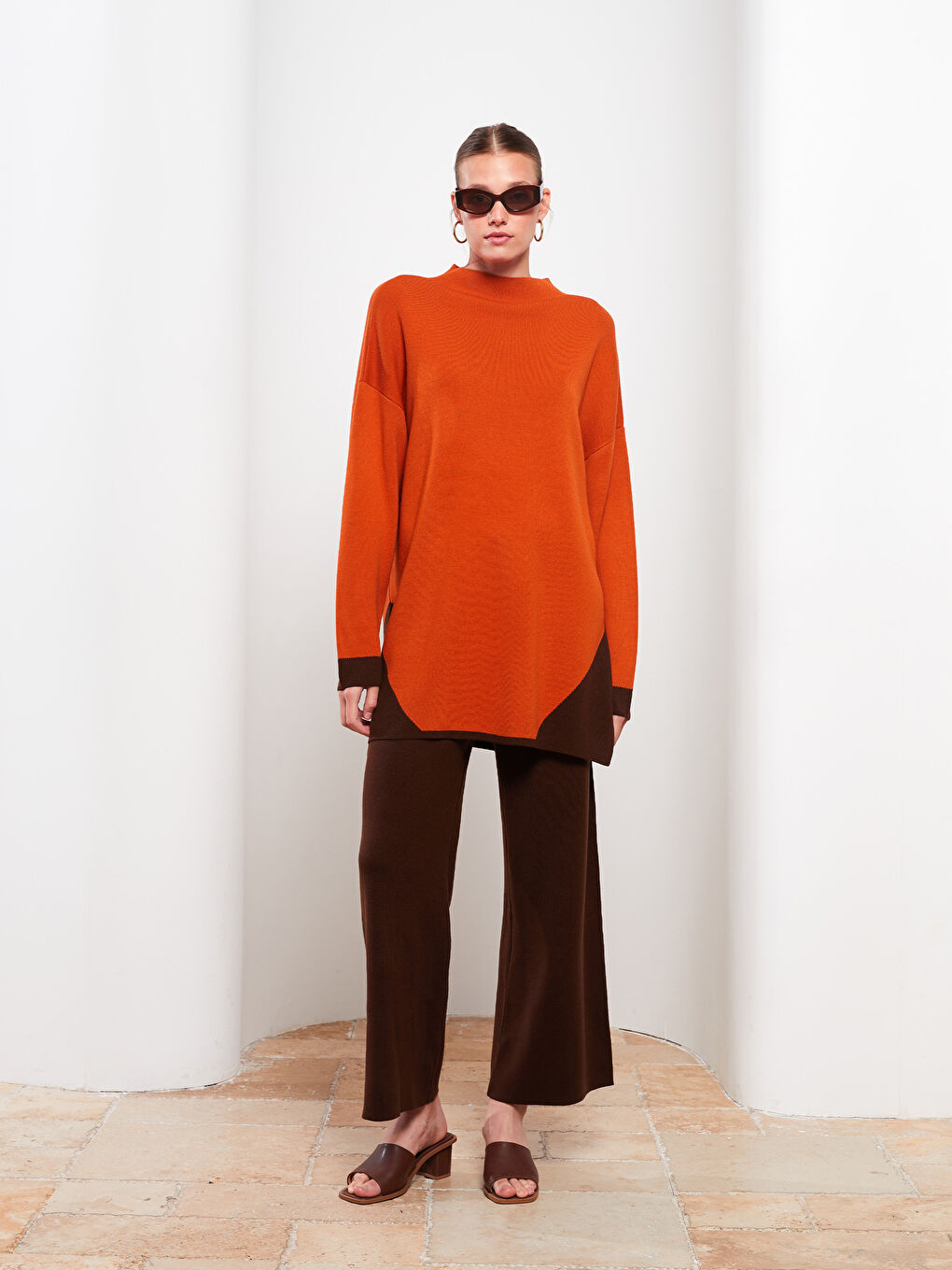 Turuncu Yarım Balıkçı Yaka Renk Bloklu Uzun Kollu Kadın Triko Tunik