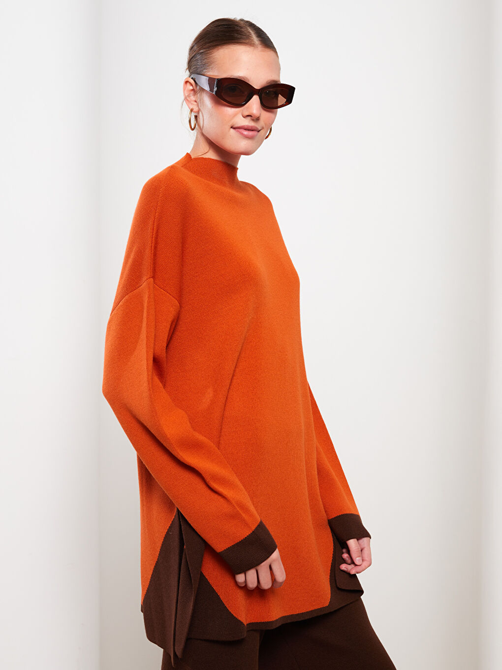 Turuncu Yarım Balıkçı Yaka Renk Bloklu Uzun Kollu Kadın Triko Tunik-1