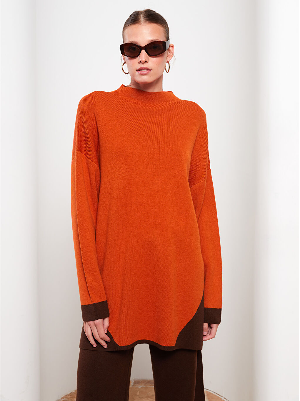 Turuncu Yarım Balıkçı Yaka Renk Bloklu Uzun Kollu Kadın Triko Tunik-2