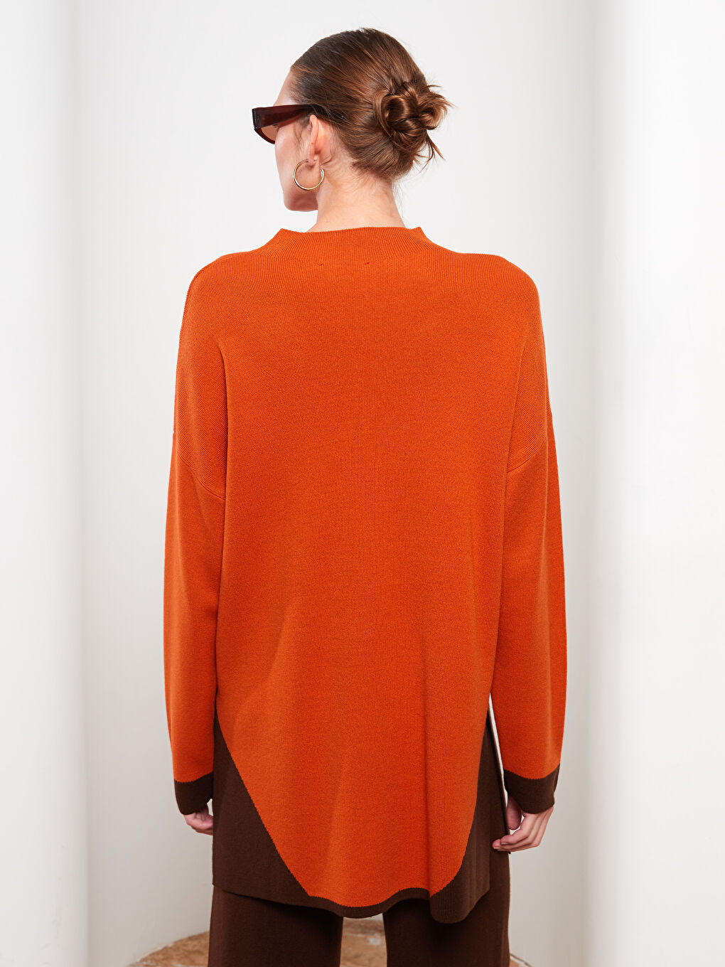 Turuncu Yarım Balıkçı Yaka Renk Bloklu Uzun Kollu Kadın Triko Tunik-4