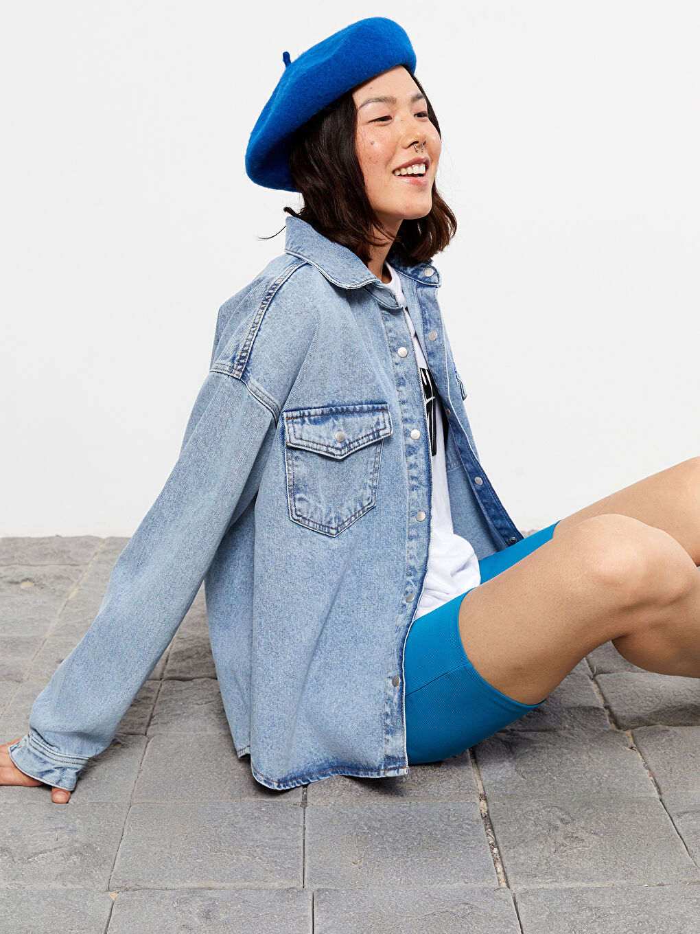 İndigo Düz Uzun Kollu Kadın Jean Gömlek Ceket