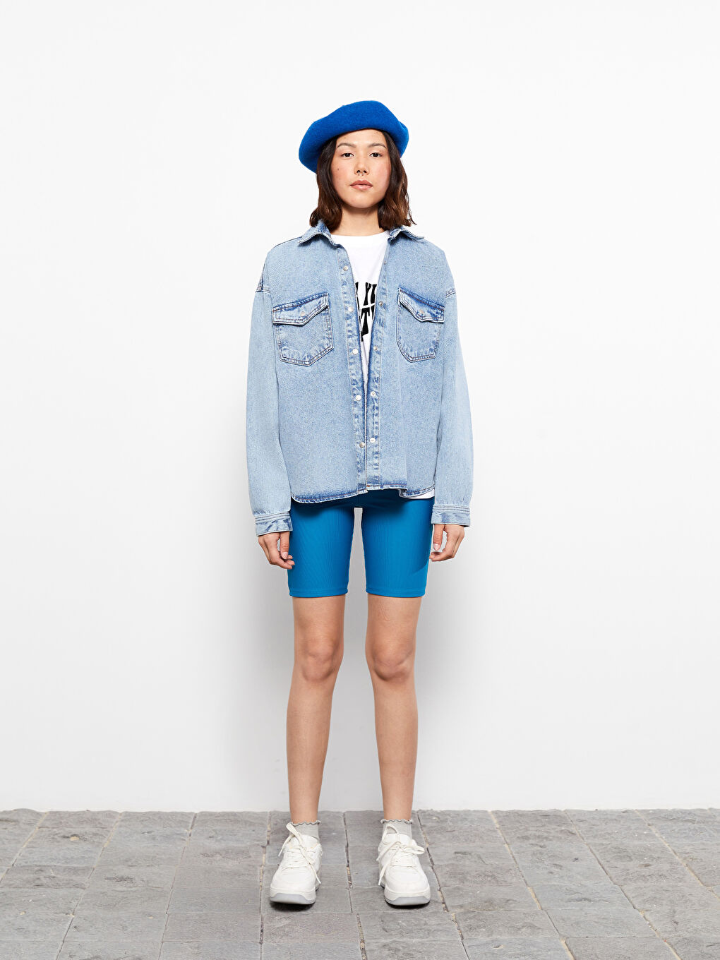 İndigo Düz Uzun Kollu Kadın Jean Gömlek Ceket-2