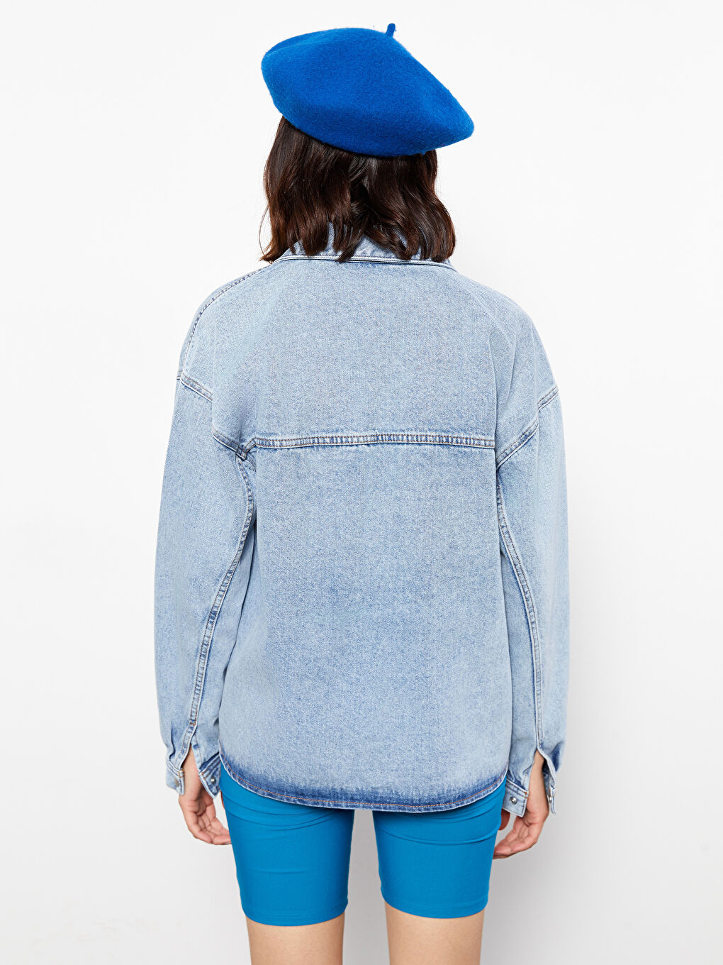 İndigo Düz Uzun Kollu Kadın Jean Gömlek Ceket-4