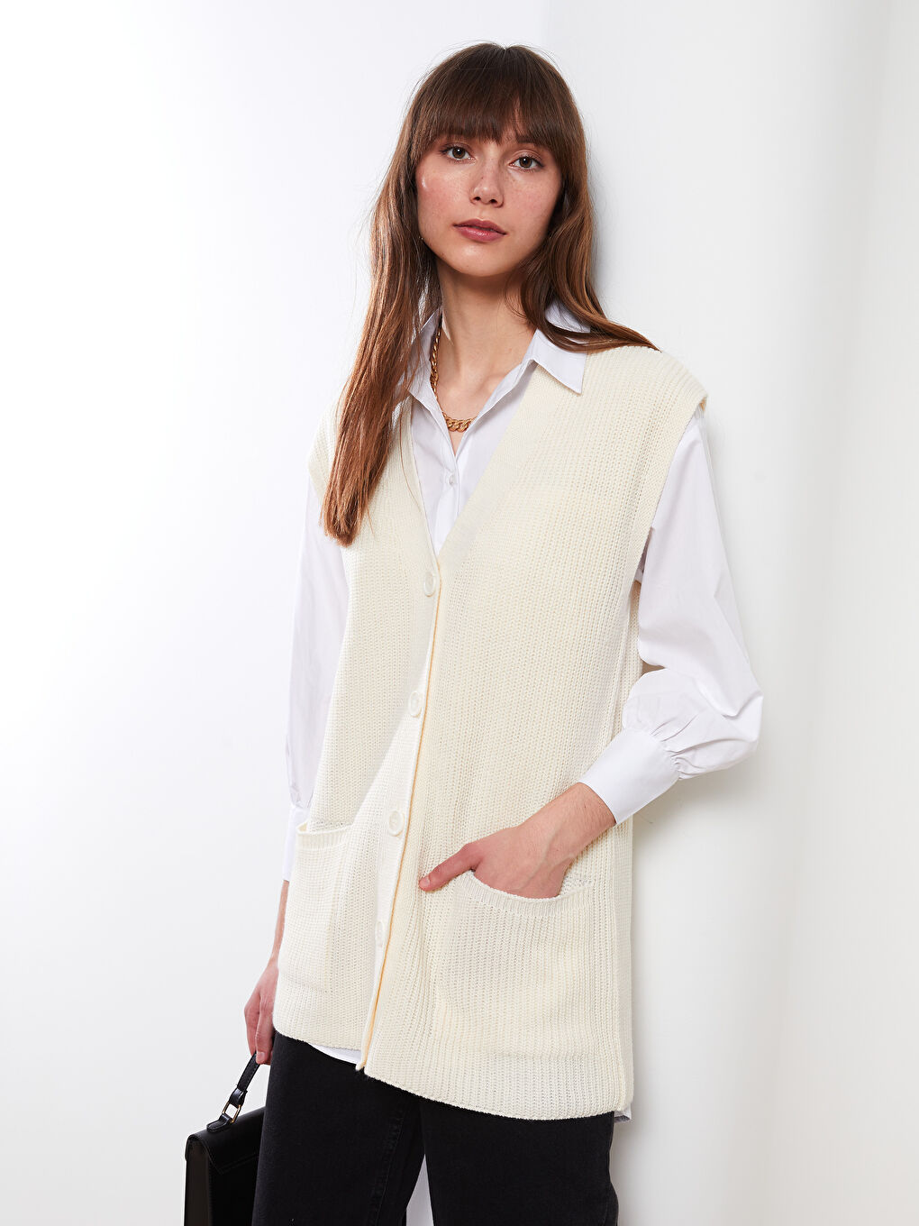 LCWAIKIKI Basic V-Ausschnitt Damen Strickweste -W27417Z8-R9J