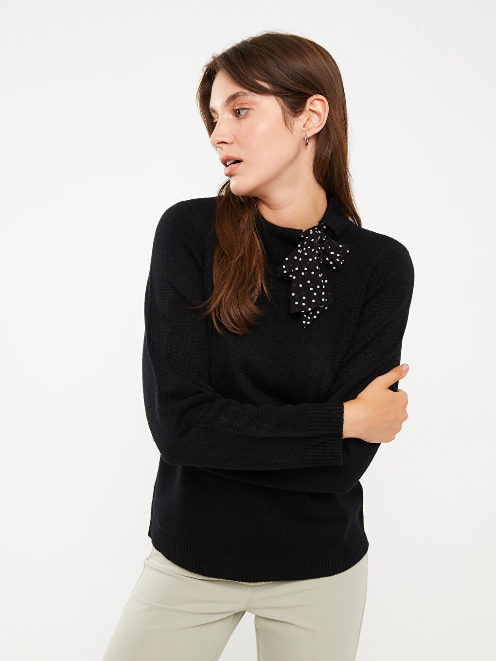 Tie Collar Straight Long Sleeve Women's Knitwear Sweater -W27419Z8-CVL