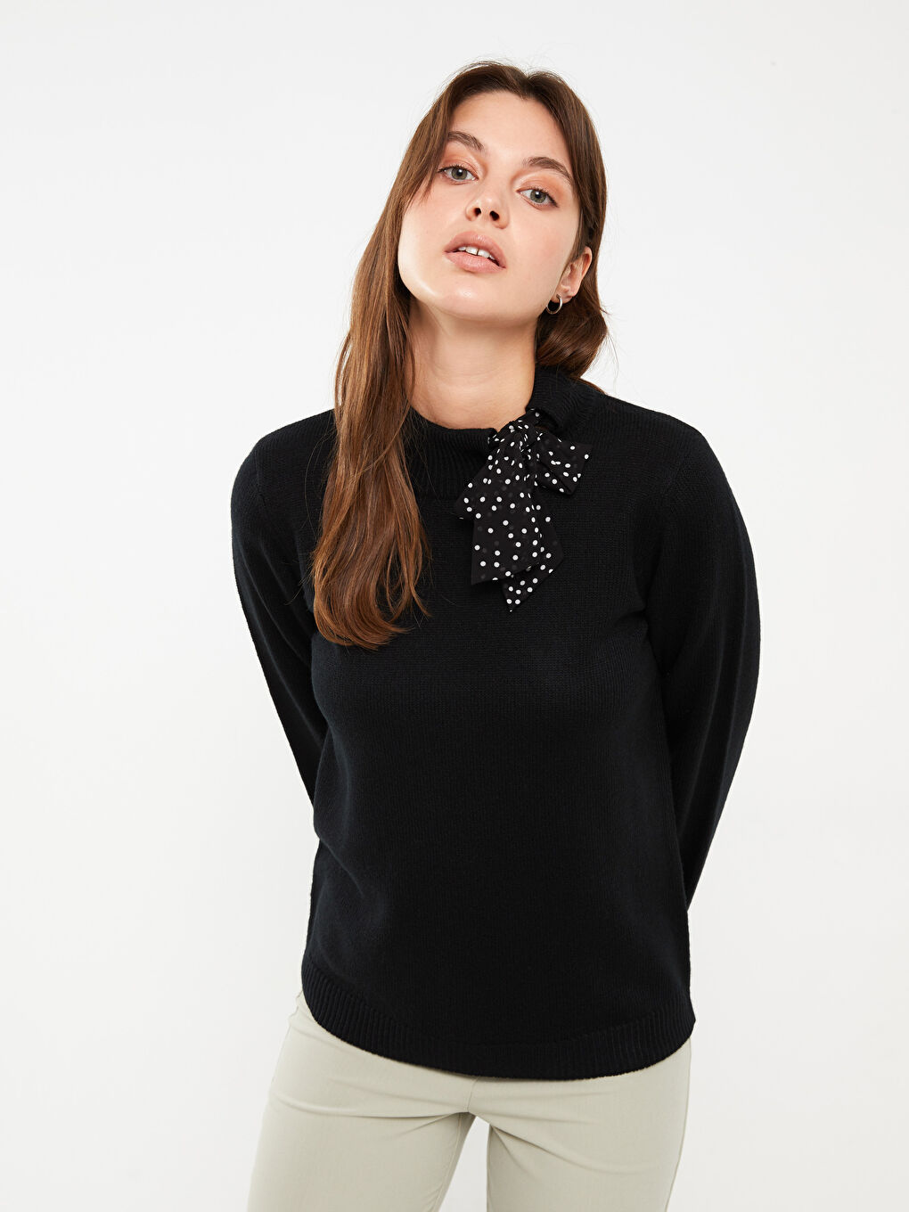 Tie Collar Straight Long Sleeve Women's Knitwear Sweater -W27419Z8-CVL
