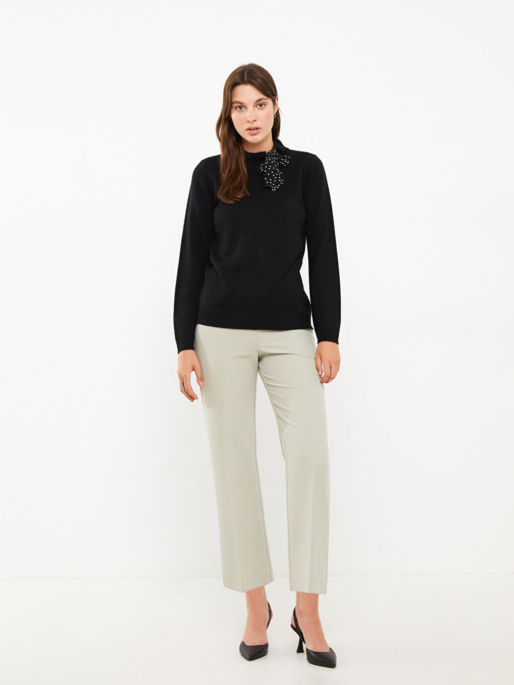 Tie Collar Straight Long Sleeve Women's Knitwear Sweater -W27419Z8-CVL