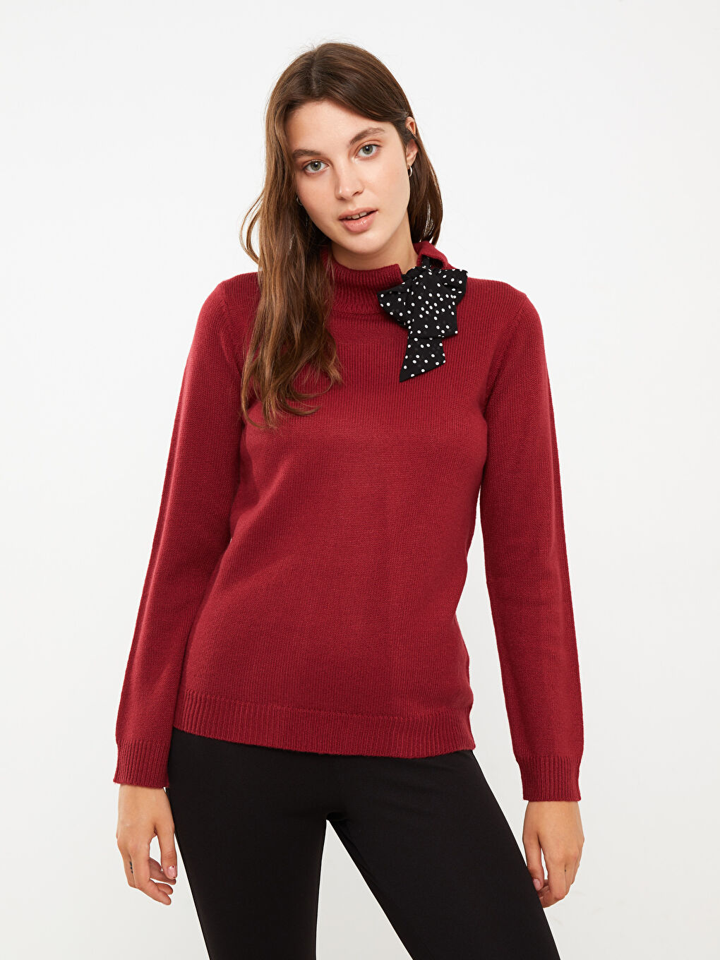 ჰალსტუხიანი საყელო სწორი გრძელმკლავიანი ქალებისთვის ტრიკოტაჟის სვიტერი