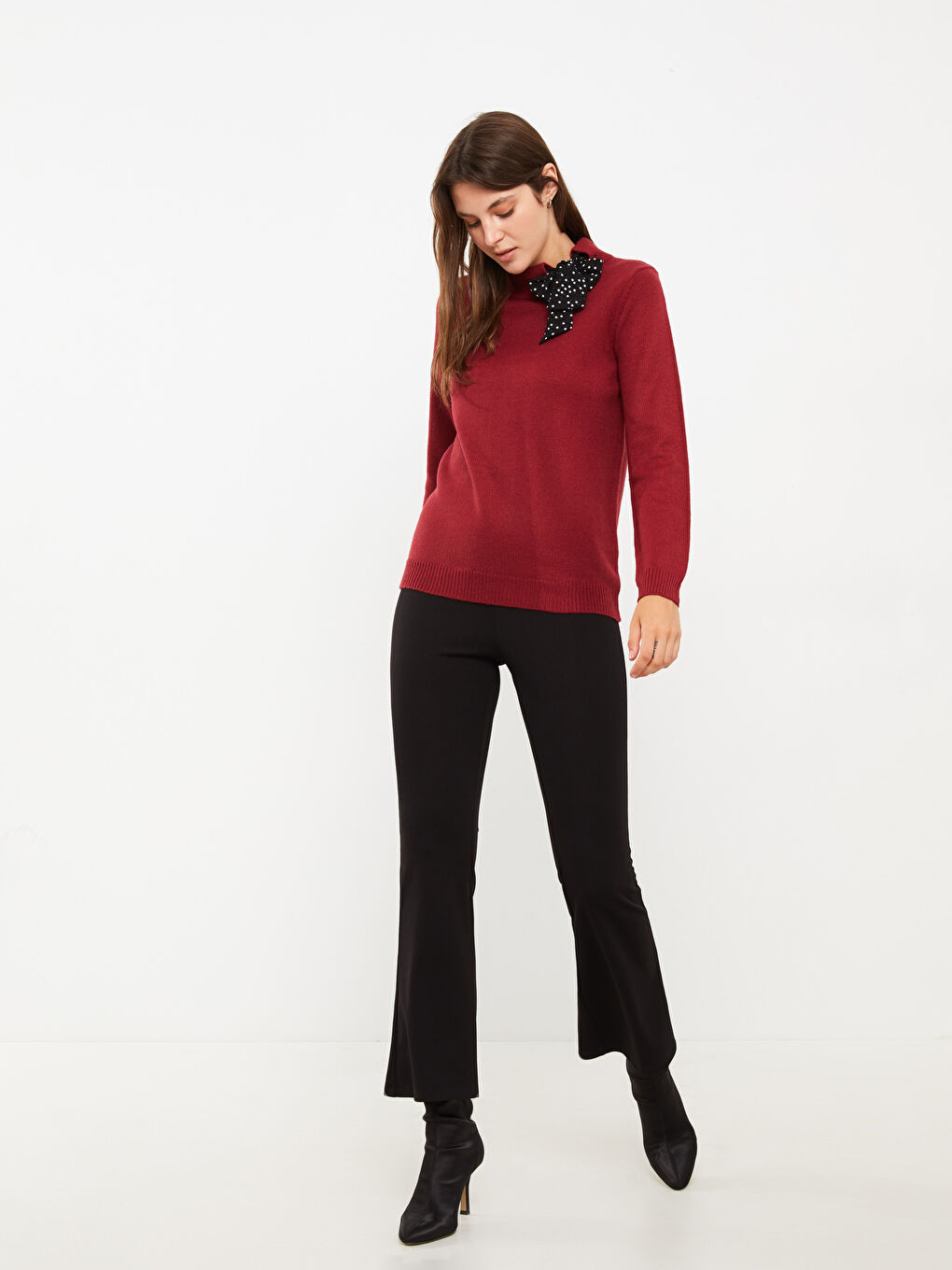 ჰალსტუხიანი საყელო სწორი გრძელმკლავიანი ქალებისთვის ტრიკოტაჟის სვიტერი-1