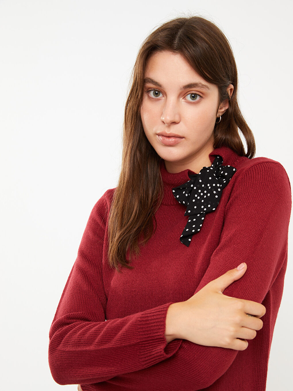 ჰალსტუხიანი საყელო სწორი გრძელმკლავიანი ქალებისთვის ტრიკოტაჟის სვიტერი-2