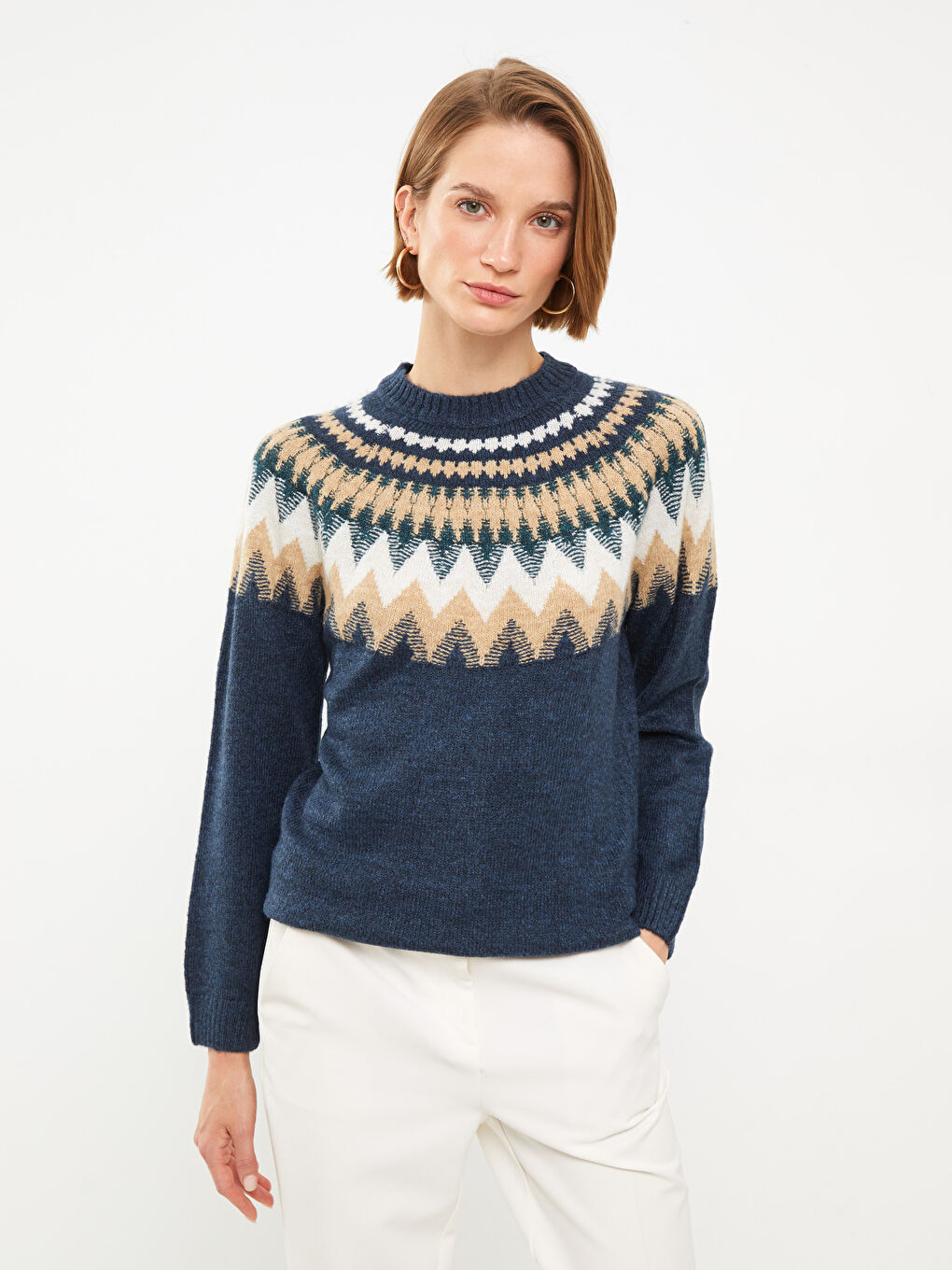 سترة تريكو منقوشة بياقة قمع للسيدات