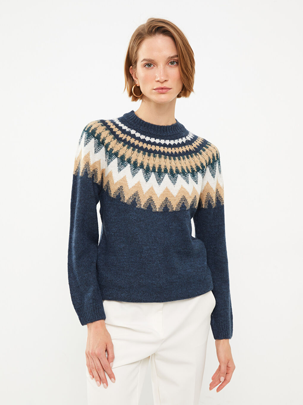 سترة تريكو منقوشة بياقة قمع للسيدات-1