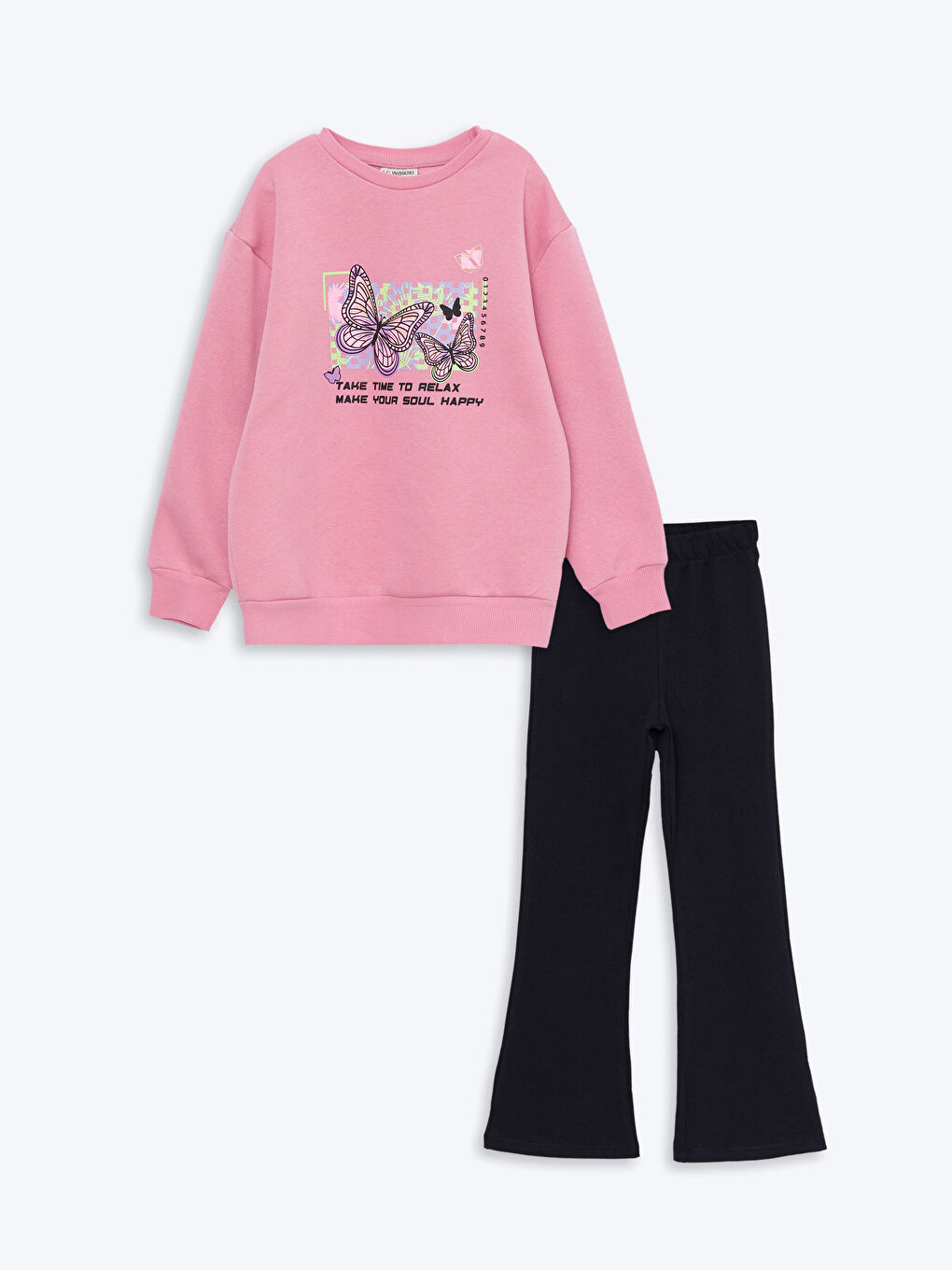 LCW Kids Pembe Bisiklet Yaka Baskılı Uzun Kollu Kız Çocuk Sweatshirt ve Tayt