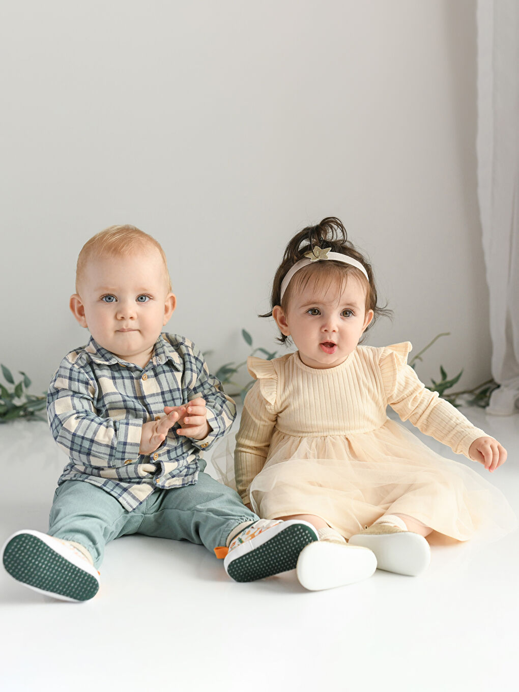 Bej Uzun Kollu Ekose Desenli Erkek Bebek Gömlek ve Pantolon 2'li Takım-1