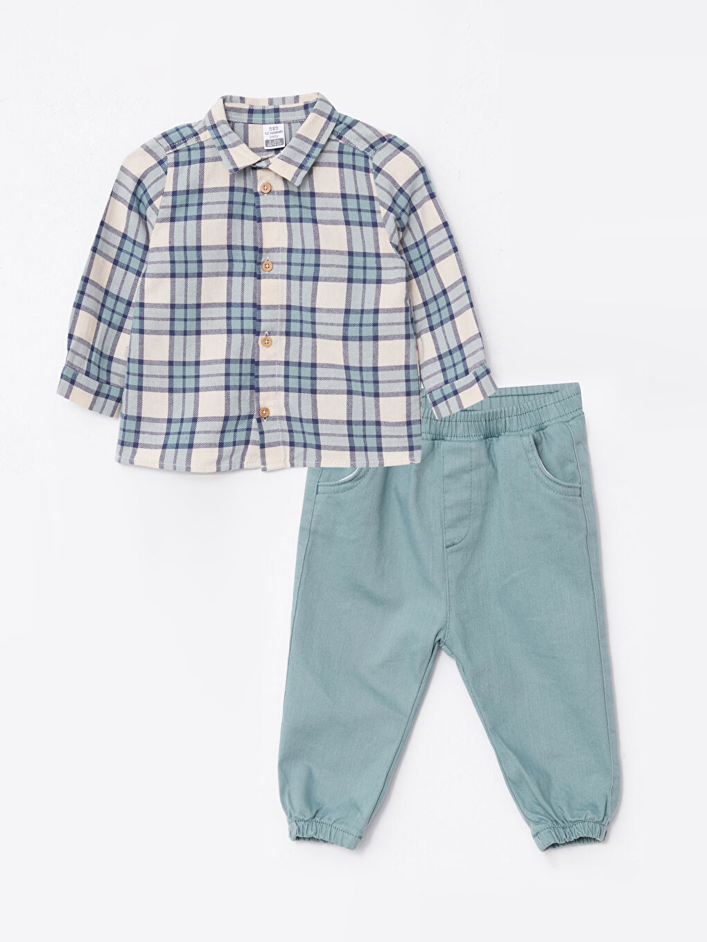 Bej Uzun Kollu Ekose Desenli Erkek Bebek Gömlek ve Pantolon 2'li Takım-3