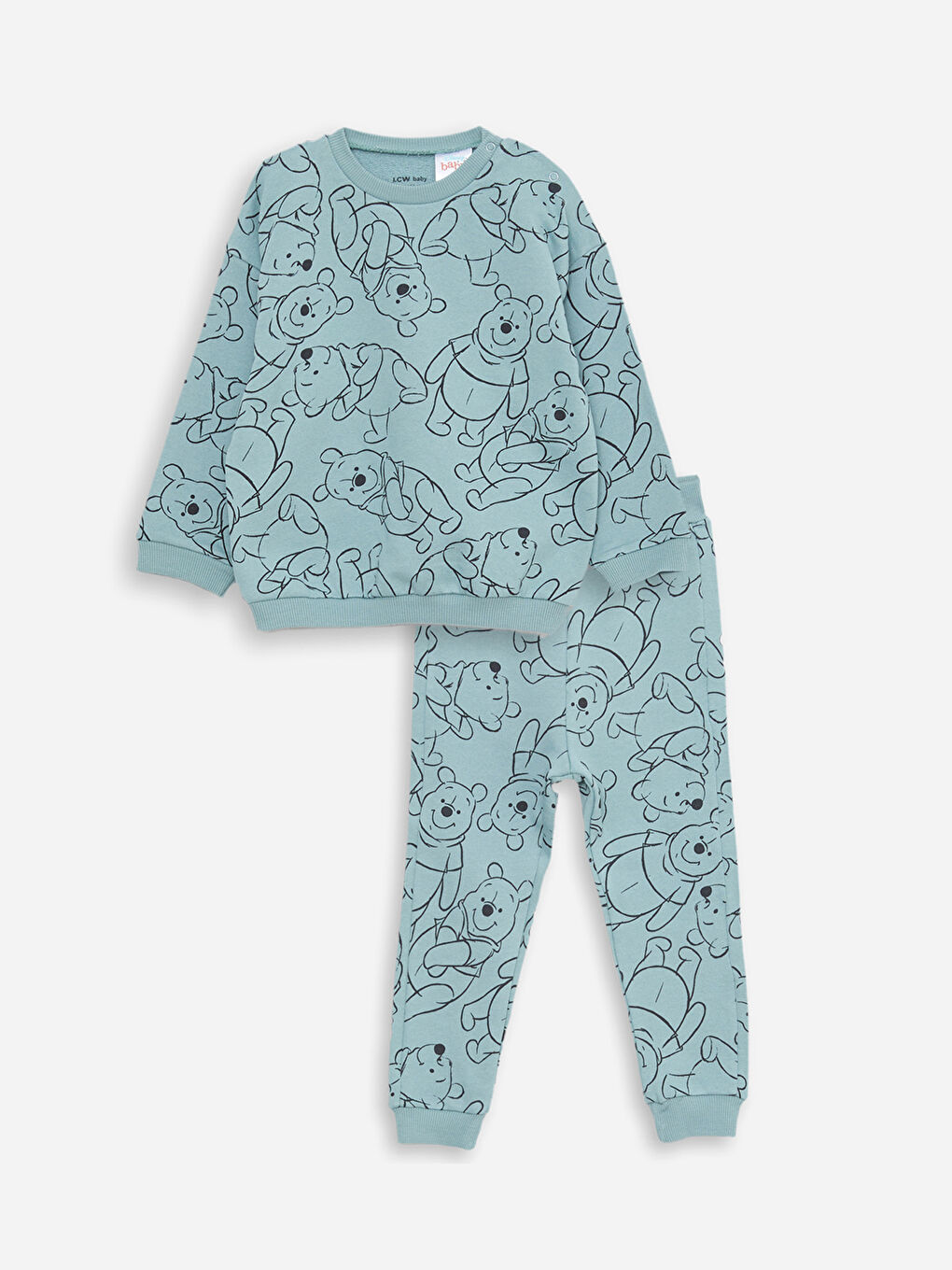 Mavi Bisiklet Yaka Uzun Kollu Winnie the Pooh Baskılı Erkek Bebek Sweatshirt ve Pantolon 2'li Takım