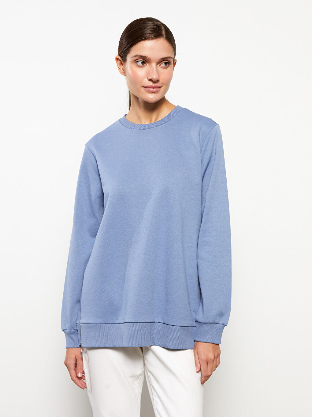 Mavi Bisiklet Yaka Düz Uzun Kollu Kadın Sweatshirt