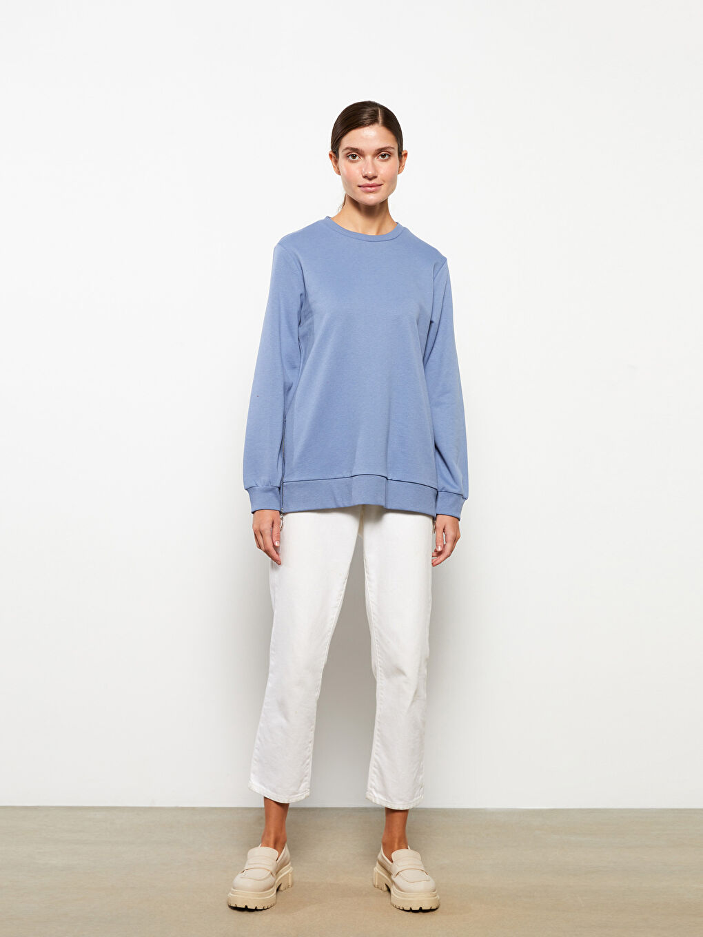 Mavi Bisiklet Yaka Düz Uzun Kollu Kadın Sweatshirt-1