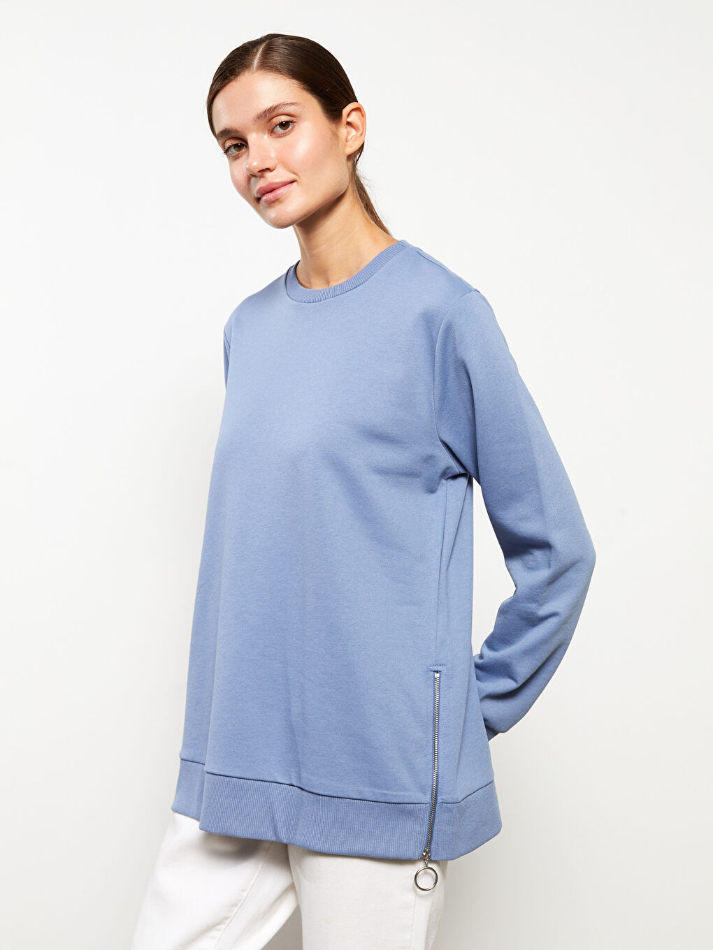 Mavi Bisiklet Yaka Düz Uzun Kollu Kadın Sweatshirt-2