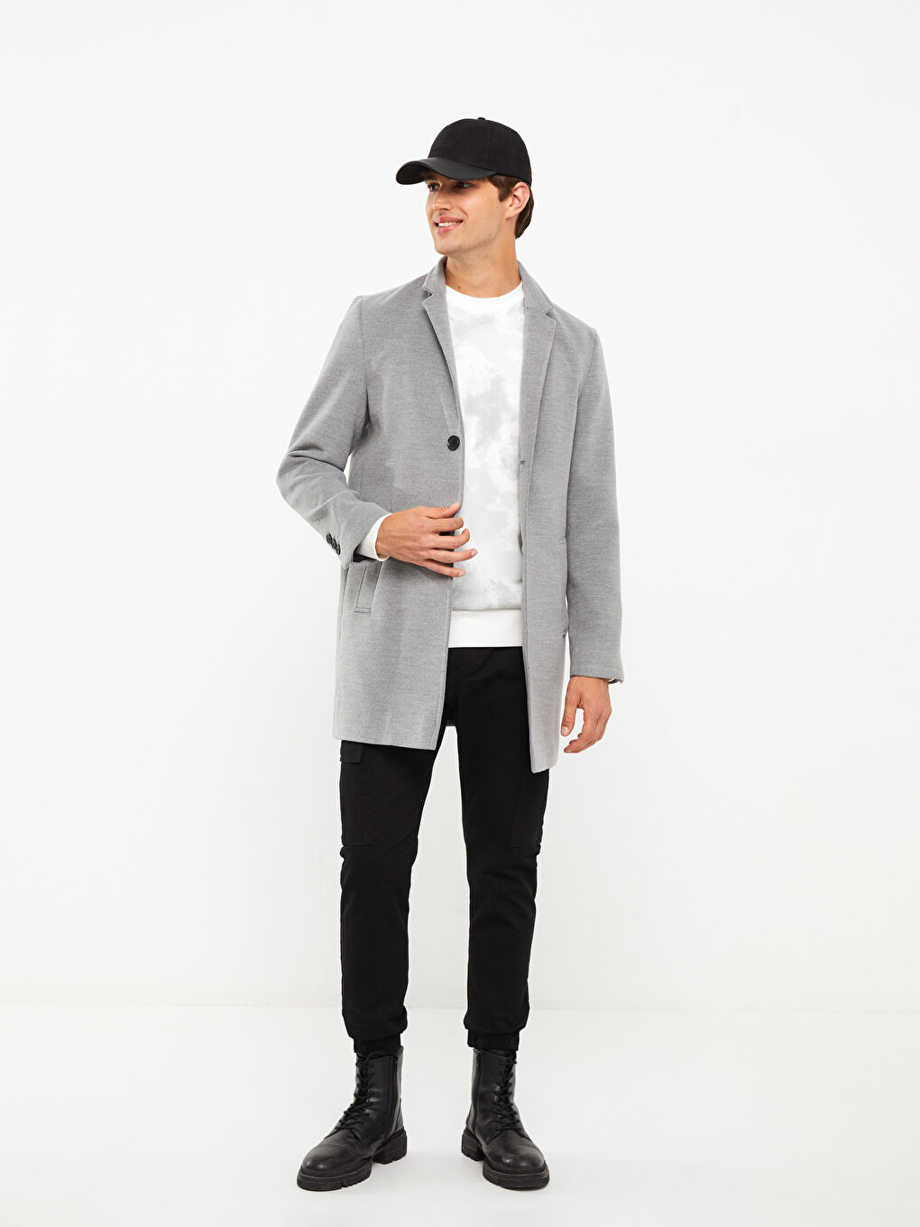 Gri Standart Kalıp Dik Yaka Erkek Kaşe Kaban-1