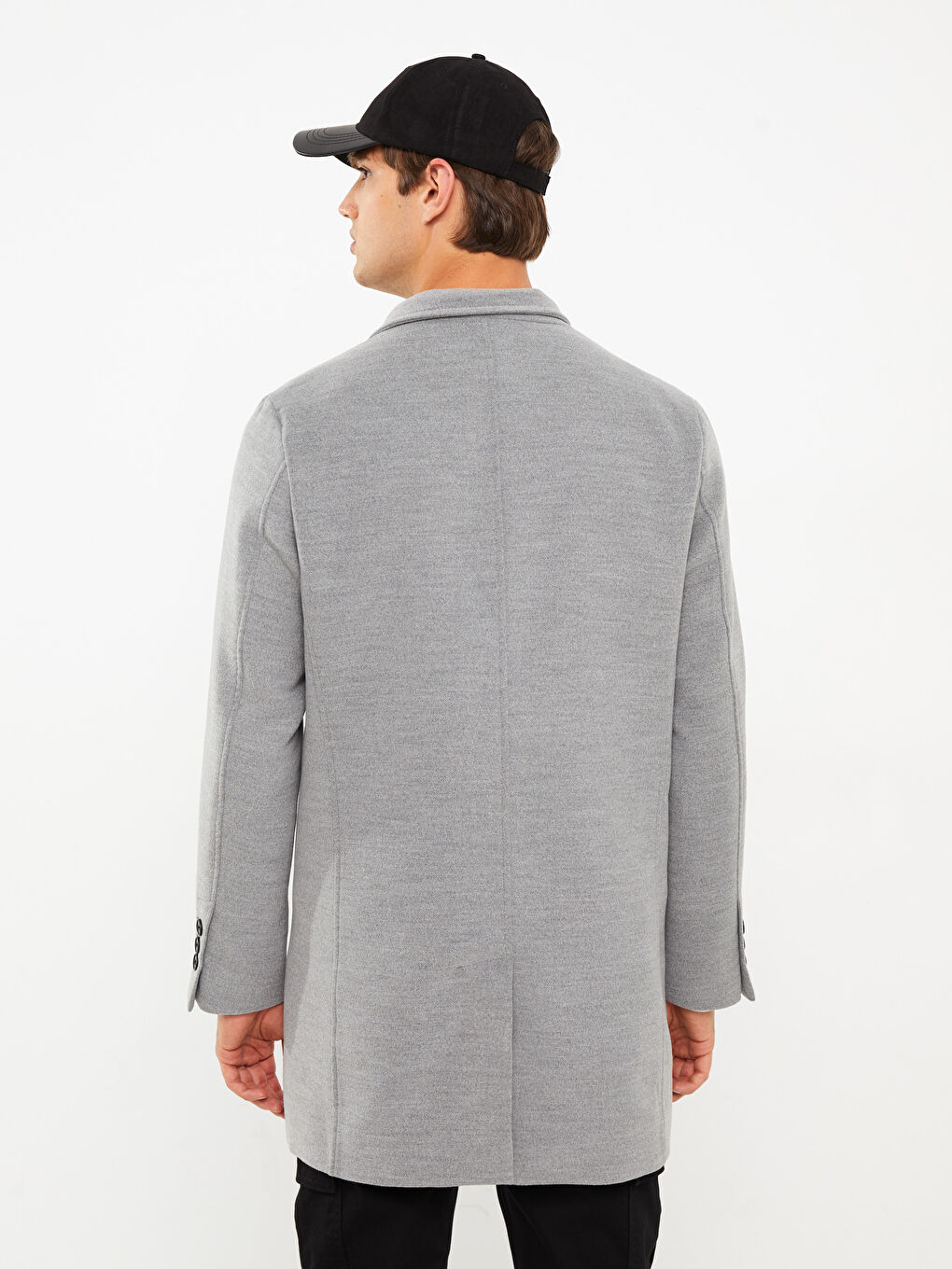 Gri Standart Kalıp Dik Yaka Erkek Kaşe Kaban-4