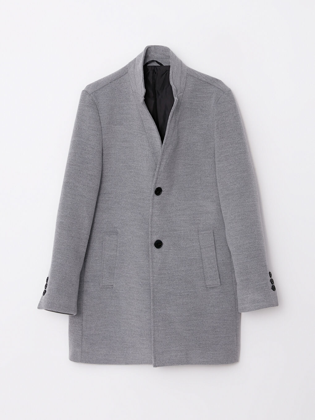 Gri Standart Kalıp Dik Yaka Erkek Kaşe Kaban-5